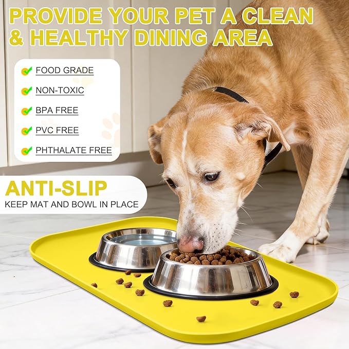 Silicone Pet Food Mat with Raised Edge for Food and Water Bowl, Dog Feeding Mats, Cat Food Trays for Floor Waterproof, Rubber Tray for Dogs and Cats, 19 x 12 x 0.7 Light Yellow