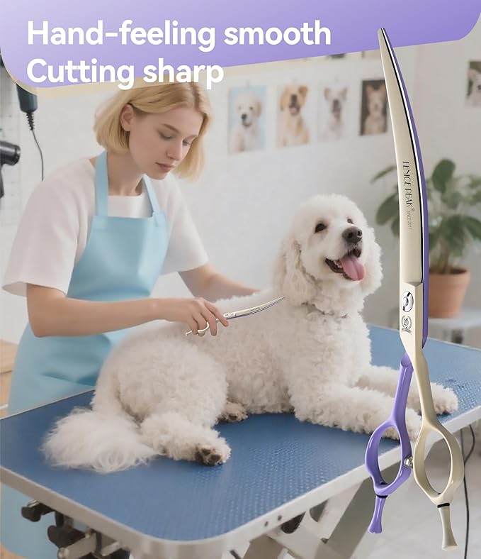 Fenice Peak Curved Dog Grooming Scissors with Coating 440C Stainless Steel, 7 inch Professional Curved Shears Dog Grooming，25 Degree of Curved Blade，Pet Shear for Trimming Face and Paw, Violet & White