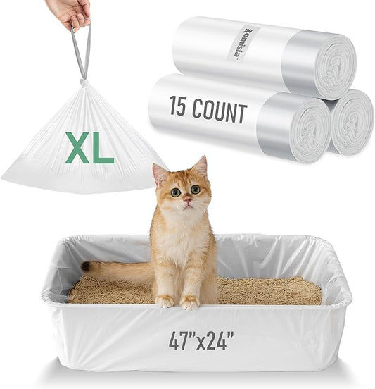 Super Jumbo Litter Box Liner XXL - 15 Count 47" x 24" Cat Litter Bags with Drawstring, Extra Thick Kitty Litter Pan Liners Tear Resistant Heavy Duty, Easy Clean up for Litter Tray, Unscented