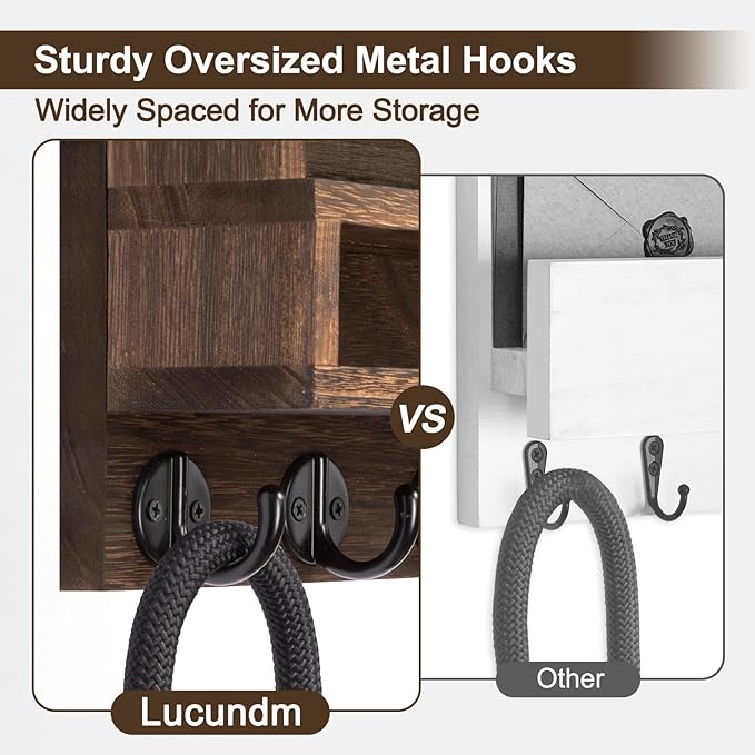 Lucundm Key and Mail Holder Wall Mount, Key Hanger with Long Storage Box and 5 Hooks for Coat, Dog Leash, Home Decor Rack, House Accessories, Entry Way Organizer 11.8”W x 7.8”H x 3.2”D