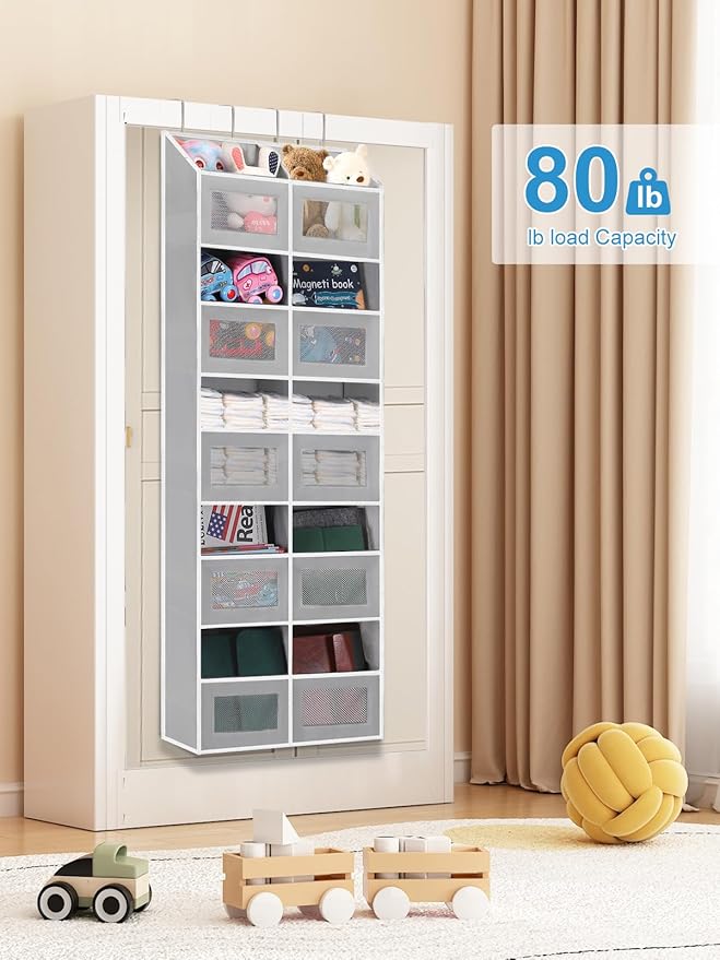 Over the Door Organizer Hanging- 10 Compartments, 80 lbs Load Behind Door Stuffed Animal Storage, Extra Large Toys Storage Organization for Bedroom, Bathroom, Nursery, Shoes, Diaper (grey)