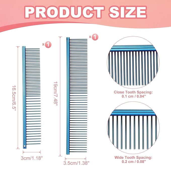 PETAXCELL Dog Cat Comb, Pet Combs Stainless Steel Teeth with Rounded Ends for Knots Mats Loose Hair Removal, 6.5/7.5IN (Blue Plated, 2 Pack), Grooming Tool Intended for Long Curly Hair Pet