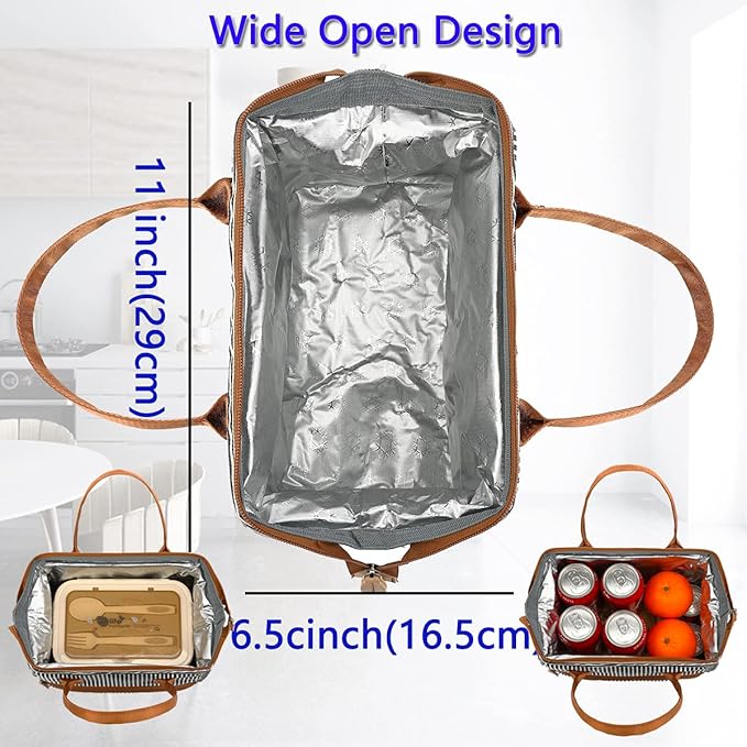 FlowFly Insulated Lunch Bag Wide-Open Lunch Box Large Tote Leakproof Cooler with Drink Holder and Multi Pockets for Women Men Adult Kids Work Picnic Travel Beach Hiking, White Black Stripes