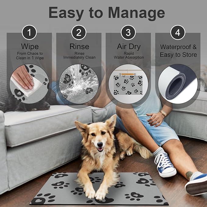 Pet Feeding Mats 12"x20"- Absorbent Dog Mat for Food and Water, Rubber Pet Food Mat, Non Slip Mat for Dogs, Pet Mats for Floor Waterproof, Dog Water Matt for Sloppy Drinker, Cat Feeding Mat, Dark Grey