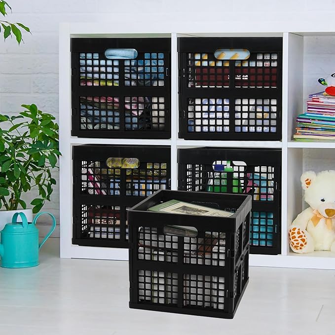 Fiazony 3-Pack Collapsible Crates, 18 L Square Stackable Utility Crate, Foldable Storage Cubes, Black