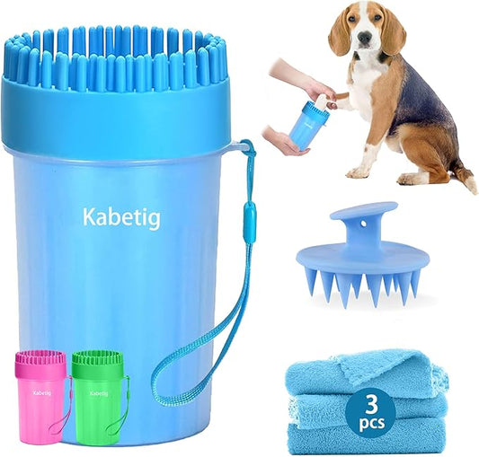 Kabetig Quick Clean Dog Paw Cleaner 5-in-1 Kit, Blue (Medium) - No Full Bath Needed, Post-Walk Paw Clean - with Silicone Bath Brush, 3 Microfiber Towels - Fits Corgi 1.2-2.5 In (3.05-6.35 cm)