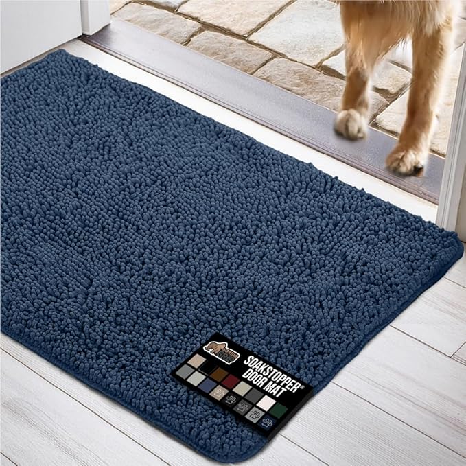 GORILLA GRIP SOAKSTOPPER Dog Door Mat, 60x36 Machine Washable Rug Absorbent Doormat Captures Moisture Mud Dirt, Quick Dry Soft Chenille Entryway Rugs Indoor Entrance Mats for Dog Paws, Navy Blue