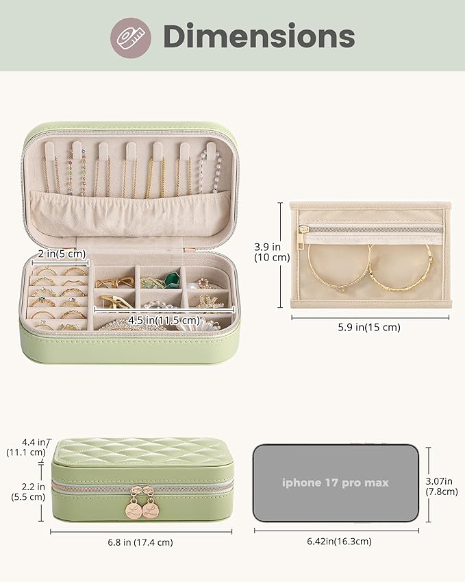 Lolalet Travel Jewelry Case for Women Girls, Travel Jewelry Organizer with Clear Storage Bag Small Portable Jewelry Box for Necklace Bracelet Earring Ring Valentines Bridesmaid Gifts -Medium/Green