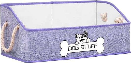 Collapsible Fabric Dog Toy Box and Storage Bin With Handle - Trapezoid Basket Chest Organizer for Pet Toys, Blankets and Accessories, Purple