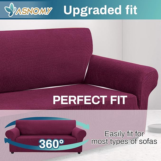 Asnomy Couch Covers for 3 Cushion Couch Stretch Sofa Covers Slipcovers, Pet Protector Furniture Covers for Dogs Cats Spandex Jacquard Fabric Small Checks （Large，Wine Red）