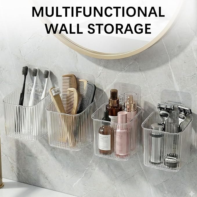 6Pack small Wall Mount Organizer, Adhesive Cabinet Door Storage Bins, Clear Makeup Container, Stackable Organizer Basket for Kitchen, Bathroom, rv, Pantry, Office，Refrigerator Small Items storage