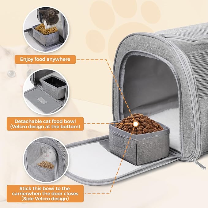 FOORLON Cat Carrier Soft for Pets Up to 25 Lbs, Cat Travel Bag with Padded Shoulder Strap and Detachable Cat Food Bowl, Pet Dog Carriers for Small Dogs Travel Puppy Carry Airline Approved, Grey