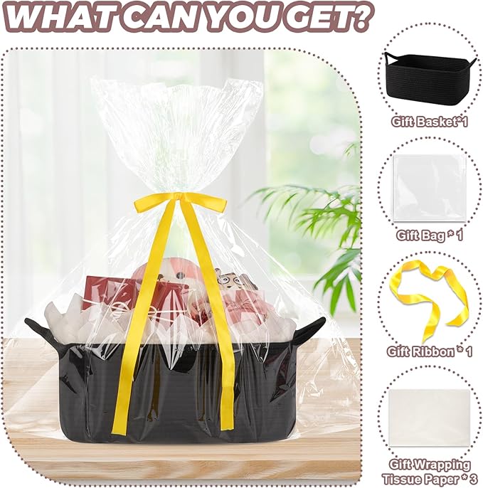 OIASKET Basket for Gifts Empty, Woven Storage Basket with Gift Bag, Ribbon and Wrap Tissue Paper, Small Rope Toy Storage with Handles for Baby Shower, Dog Toy Organizer, 13.6" x 10" x 5.9”