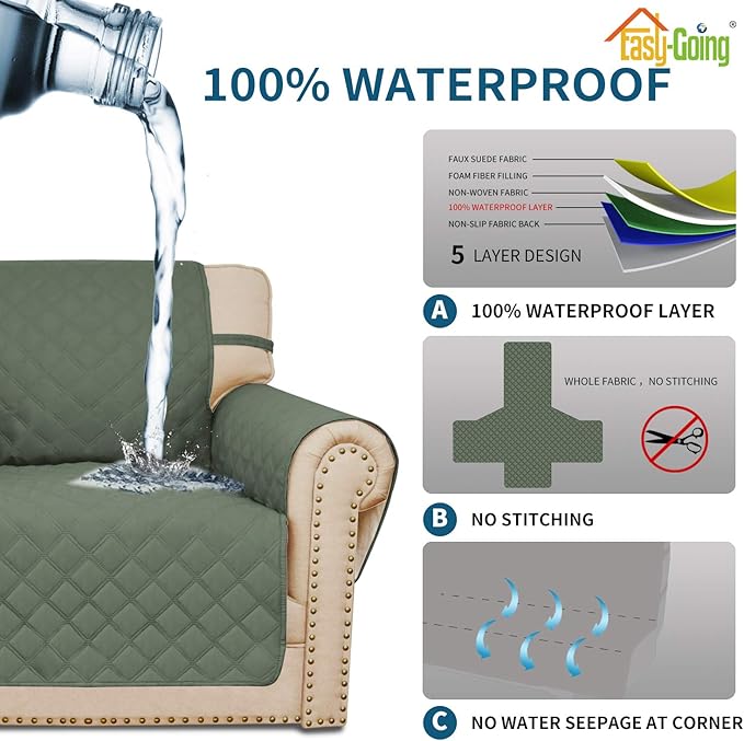 Easy-Going Sofa Slipcover Waterproof Couch Cover for 3 Cushion Couch Sofa Cover Furniture Protector Cover Pets Covers Washable Non-Slip Fabric Pets Kids Children Dog Cat (Sofa, Greyish Green)