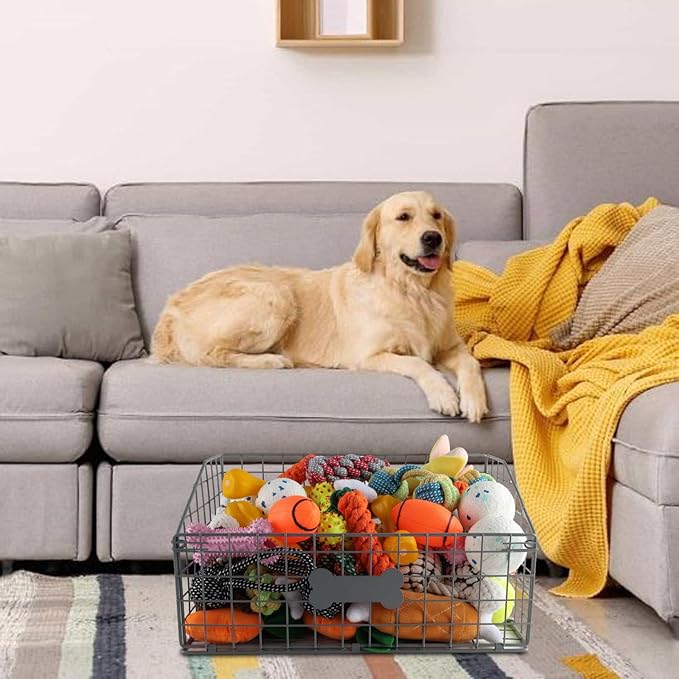 Geyecete Toy box for dogs large Dog Toy organizer Pet wire folding basket dog toy container dog toy box -Can be Personalized-Cat and Puppy-Gray