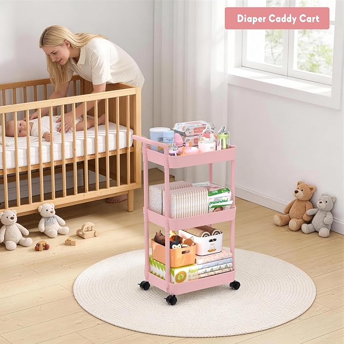 Volnamal Diaper Caddy - Plastic Diaper Organizer for Nursery Essentials, Baby Organizers and Storage, Movable Cart for Changing Table & Crib, Baby Registry Search, Pink