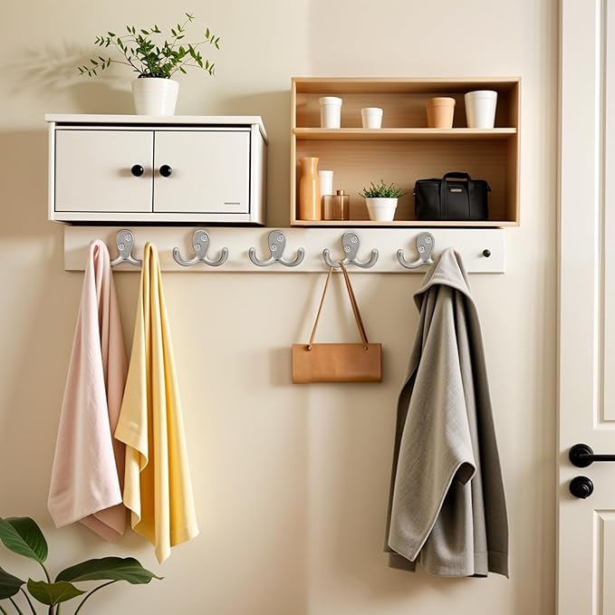 Coat Hooks Wall Hooks for Hanging - 15 Pack Silver Double Prong Hook Wall Mounted - Great for Living Room, Bedroom, Kitchen, Closet for Coat, Bag, Towel, Hat, Key, Cup, Heavy-Duty, Easy to Install