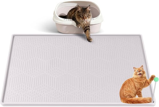 Bartuke Large Cat Litter Mat with Toy Ball, 34'' x 22'' Silicone Cat Litter Trapping Mat for Scatter Control, Soft on Kitty Paws, Easy to Clean (White)
