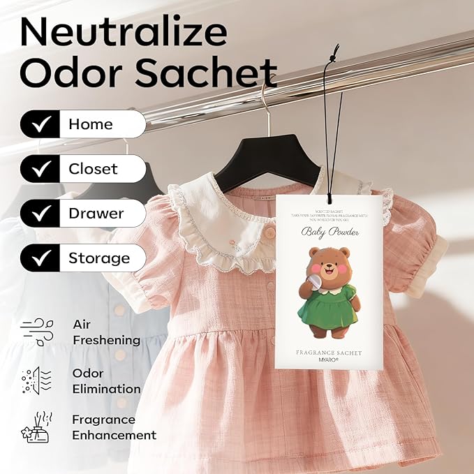 MYARO 12 Packs Baby Powder Scent Sachets Room Air Freshener for Closet Drawer Clothes Storage Small Space Odor Eliminator