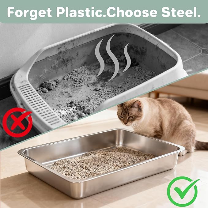 Low Entry Stainless Steel Cat Litter Box for Kittens, Metal Kitty Shallow Litter Box, Easy Access Kitty Litter Pan Tray, Easy Cleaning -17.72'' Lx 13.78'' W x 2.76'' H