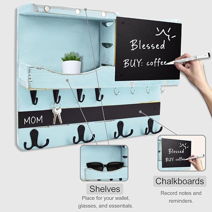 Key Holder for Wall Mount with Shelf and Mail Organizer, Key and Mail Holder with 16 Hooks, Farmhouse Entryway Organizer, Home Decor Rack(Pine Wood,Blue)