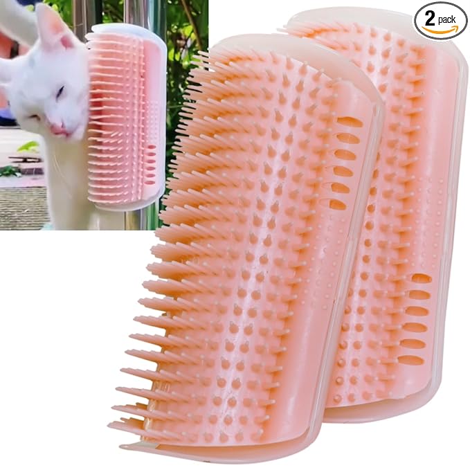 Miwoowim Cat Self Groomer, Extended (6.1"), 2 Pack, Pink, Wall Corner Self Grooming Brush for Indoor Cats, Kitten, Long Short Fur, Massage Comb