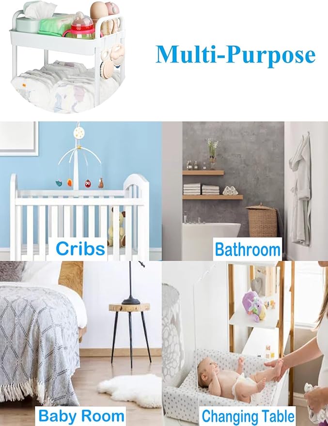 Volnamal Diaper Caddy Organizer, 3-Tier Movable Diaper Cart with Wheels, Newborn Essentials Must Haves, Diaper Caddy for Wipes & Diapers, Baby Registry Search - Plastic White