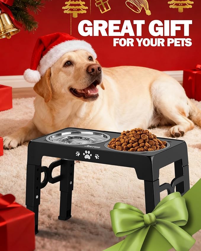 Jovrun Elevated Dog Bowls, Dog Feeder with Stainless Steel Dishes & Slow Feeder Bowl, 5 Heights Adjustable Raised Stand for Medium Large, Food Dishes with Non-Slip Feet