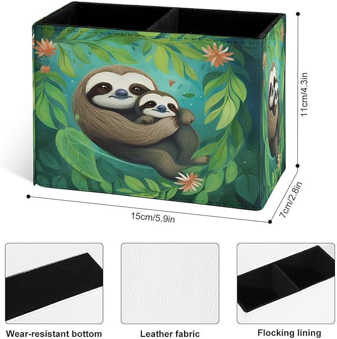 Famame Sloth with Baby Leaves Pencil Holder for Desk, Leather Desktop Container Pen Cup Storage Study Table Pen Organizer Makeup Brush Holder for Classroom Office Home