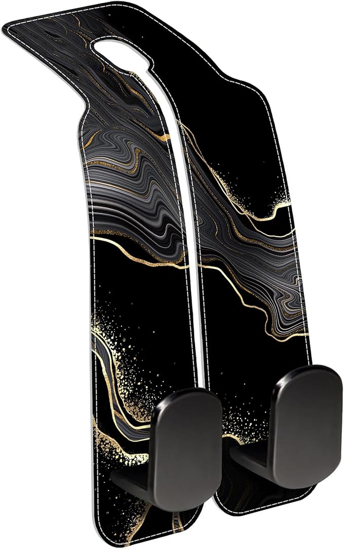 AEWNUNK 1 Pack Car Seat Headrest Hooks for Purses Abstract Black Golden Marble Bag Purse Holder for Car with Double Metal Hooks Car Purse Hanger Hanging Accessories