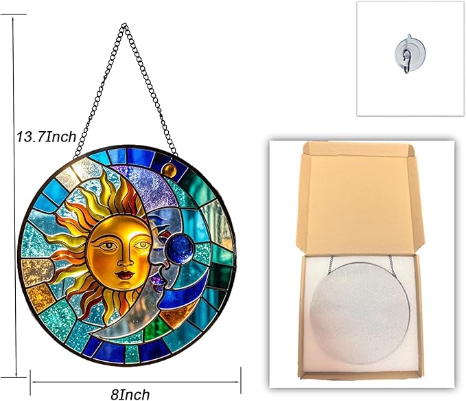 Sun and Moon Suncatcher 8 Inch Stained Glass Window Hanging Diamond Chain Hooks– Indoor/Outdoor Window Wall Art Home Décor -Gift for Women Men Valentine's Day Thanksgiving Ornaments Festival Gifts