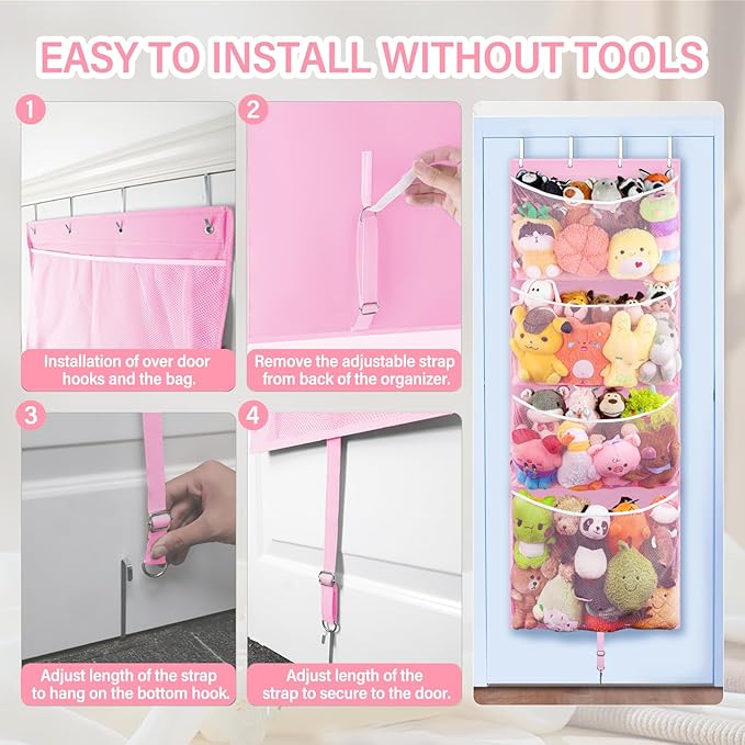 Hanging Stuffed Animal Storage, Over Door Large Plush Toy Organizer with Metal Hook, Baby Accessory Holder Idea for Nursery, Doll & Bear Mesh Hammock Bag for Girl Boy Kid Room