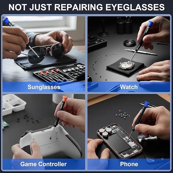 STREBITO Glasses Repair Kit, All-in-One Eyeglass Repair Kit with 16 Sizes of Screws, 12 Pairs of Nose Pads & Tweezer, Precision Screwdriver Set for Glasses, Sunglasses, Watches & Small Electronics