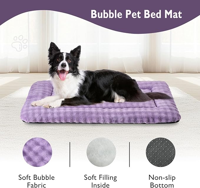 Dog Bed Mat Crate Pad for Large Dogs, Washable Soft Pet Sleeping Mat Kennel Pad with 3D Bubble Pattern, Dusty Purple, 36"x 23"