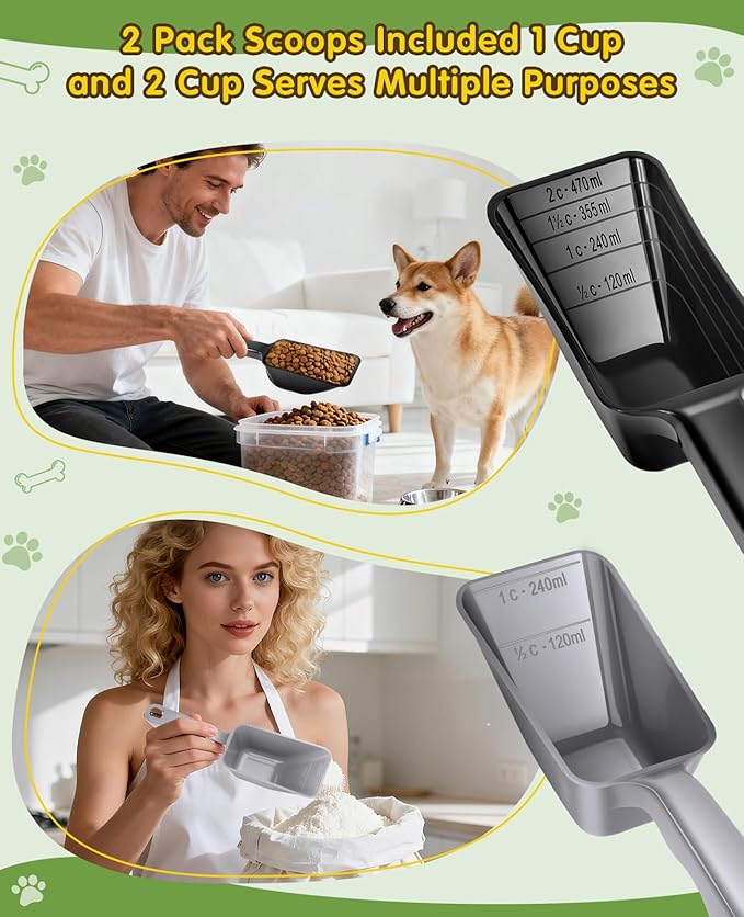 GNEOCO 2 Pack Dog Food Scoop with 1 Cup and 2 Cup Capacity, Plastic Pet Food Measuring Scoops with Clear Measurement Lines for Dogs, Cats & More,Dishwasher safe (Grey and Black)
