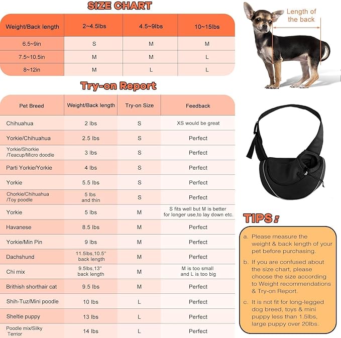 YUDODO Pet Sling Carrier for 5-9 lbs Small Dogs & Cats – Hands-Free Puppy Carrier with Safety Hook, Large Zipper Pocket, Soft Breathable Mesh, Adjustable Strap & Reflective Strip (Black 2.0 M)