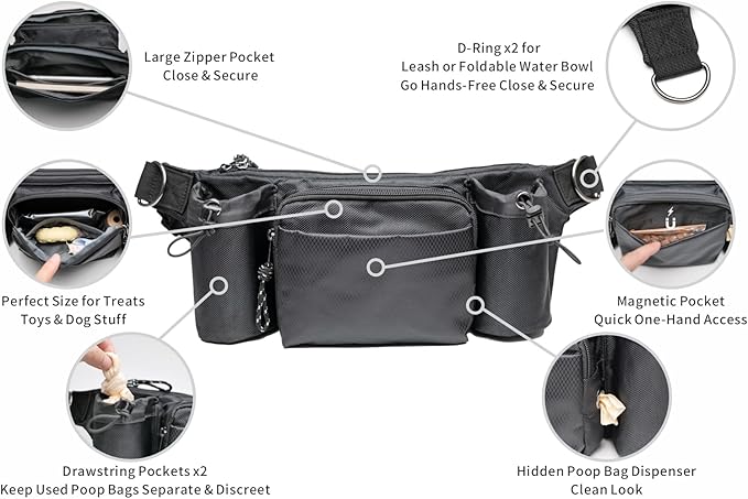 Dog Walking Waist Pack with 2 Water Bottle Holders, 2 D-Rings, Fanny Pack for Walking Running Hiking
