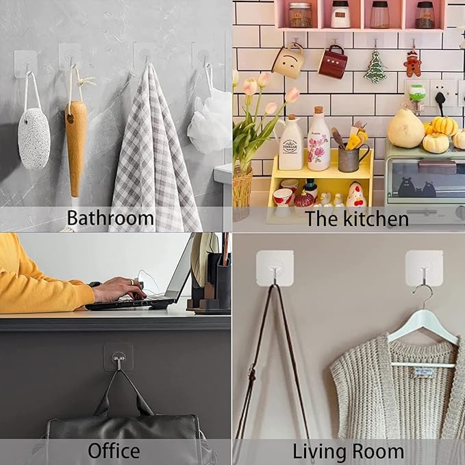 150 Pack Adhesive Hooks Wall Hooks 24lb(Max) Self Adhesive Hooks Heavy Duty,Transparent Reusable Adhesive Wall Hooks for Hanging for Kitchens, Bathroom, Office