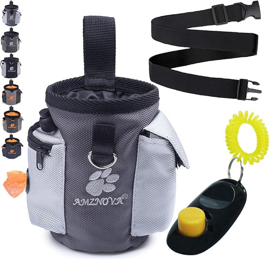 AMZNOVA Dog Treat Bag Treatnow Dog Treat Pouch, Training Pouch with Waist Belt & Clicker for Training & Walking, Waist Clip On Snack Fanny Pack for Pet, 3Cups, Grey