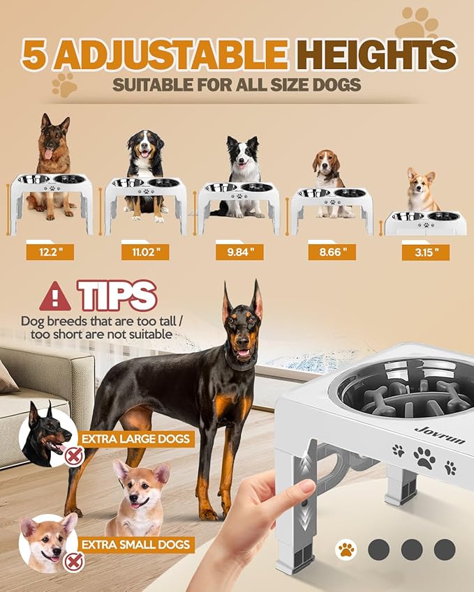 Jovrun Elevated Dog Bowls, Dog Feeder with Stainless Steel Dishes & Slow Feeder Bowl, 5 Heights Adjustable Raised Stand for Medium Large, Food Dishes with Non-Slip Feet