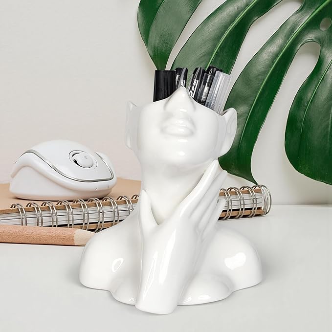 Ceramic Face Pen Holder Organizer, Female Form Face Pen Tools Storage Cup for Desk Accessories, Compact Pencil Holder for Desktop, Living Room, School, Home and Office Decor