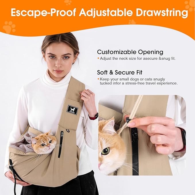 Pet Sling Carrier for Small Dogs and Cats 5-20lbs, Dog Sling with Adjustable Depth, Breathable Air Mesh Puppy Travel Bag, Water Resistant Fabric, Double Safety Leash, Machine Washable,Caramel