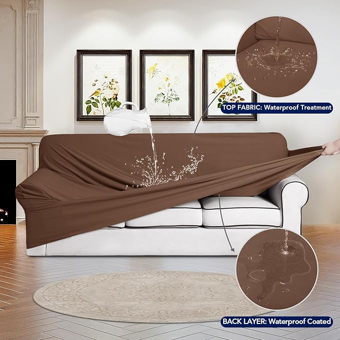 PureFit 100% Dual Waterproof Couch Cover Slipcovers for Couches and Sofas - Stretch Non Slip Fleece Sofa Covers Washable, Leakproof Furniture Protector for Kids, Pets, Dog (Sofa, Brown)