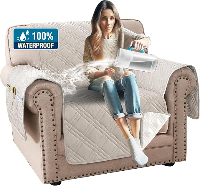 H.VERSAILTEX 100% Waterproof Slipcover Chair Covers Modern Sofa Chair Covers Stay in Place Furniture Protector with Elastic Straps (Chair, French Oak/Beige)