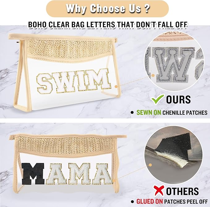 Clear Makeup Letter Patch Makeup Bag SWIM Pouch, Boho Clear Toiletry Bags Travel Small Cute Preppy Letter Cosmetic Zipper Pouch Purse, Transparent Waterproof Glitter Beach Make Up Bag for Women(SWIM)