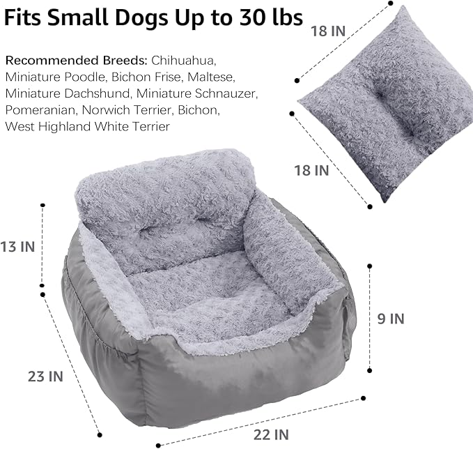 Dog Car Seat for Small Dogs, Washable Pet Booster Seats with Clip-On Safety Leash, Comfy Deluxe Plush Carseat with Pockets, Puppy Car Travel Carrier Bed for Dogs Under 25 lbs, Light Grey