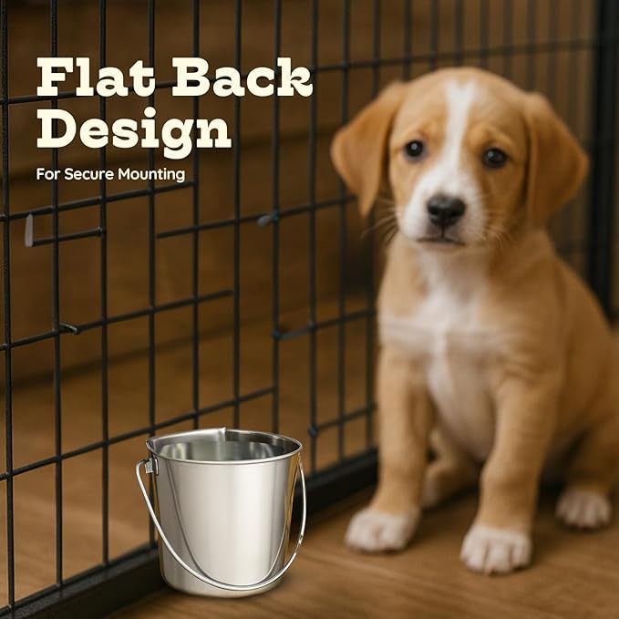 AASPIRE PETS 2 quart Stainless Steel Flat Side Bucket | 0.5 gal Durable Heavy Duty Food & Water Feeding Pails for Small Pet Birds Dog Cat | Fits kennel Cages Critter Crates Hanging Pail | Multipurpose