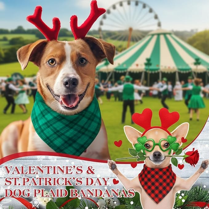 Abbylike 100 Pcs Valentine's & St. Patrick's Day Dog Bandanas Bulk Red & Green Plaid Bandanas for Dogs Triangle Kerchief Bib Scarf for Pet Holiday Costume Photo Props Accessories (25.6 x 17.7 x 17.7)