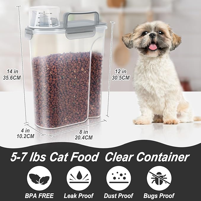 LEAWALK 5-7Lbs Cat Dog Storage Container, Portable Pet Food Containers with Upgraded Large Spout and Cup, Small Animal Kibble Dispenser for Bird Seed, Oatmeal, Rice, Flour (1, Clear Gray, 5L)