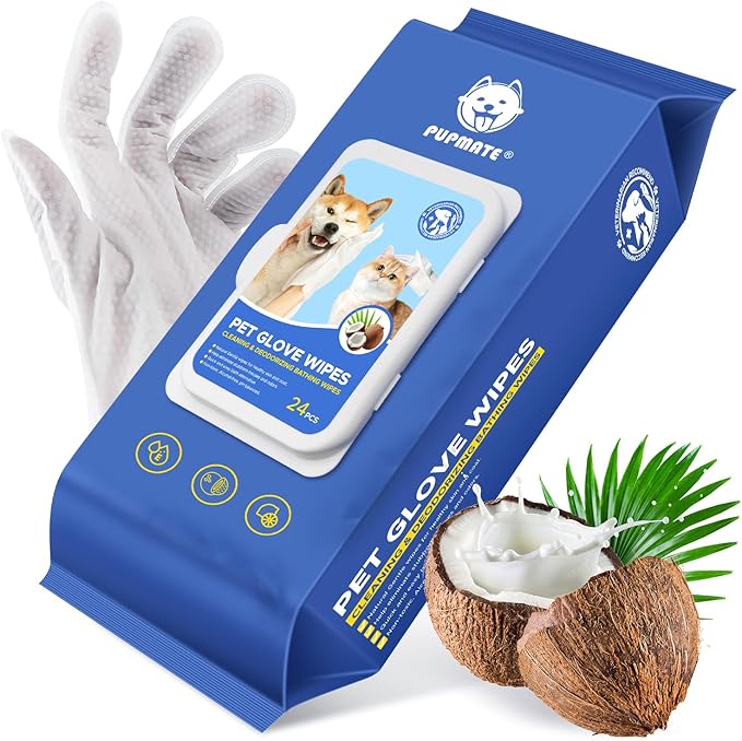 Pet Cleaning Glove Wipes for Dogs & Cats, Hypoallergenic Deodorizing Disposable Bathing Wipes,No-Rinse Grooming Wipes,Perfect for Pet Dry Cleaning,Daily Care and Travel, Coconut Scent, 24 pcs